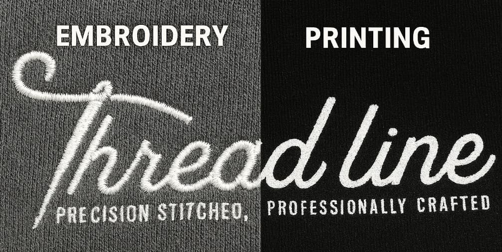 The Threadline script logo stitched in embroidery beside the same logo in print