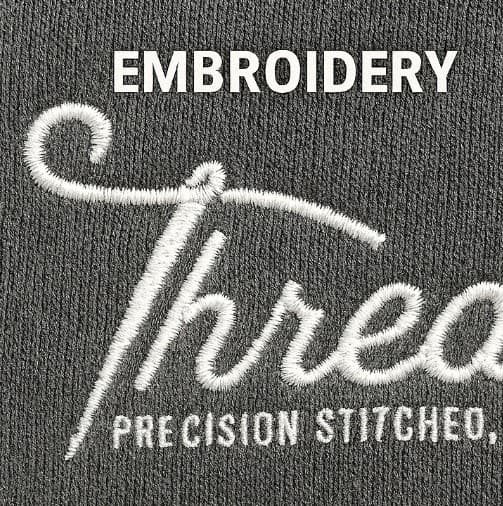Close-up of the Threadline logo digitised into embroidered thread