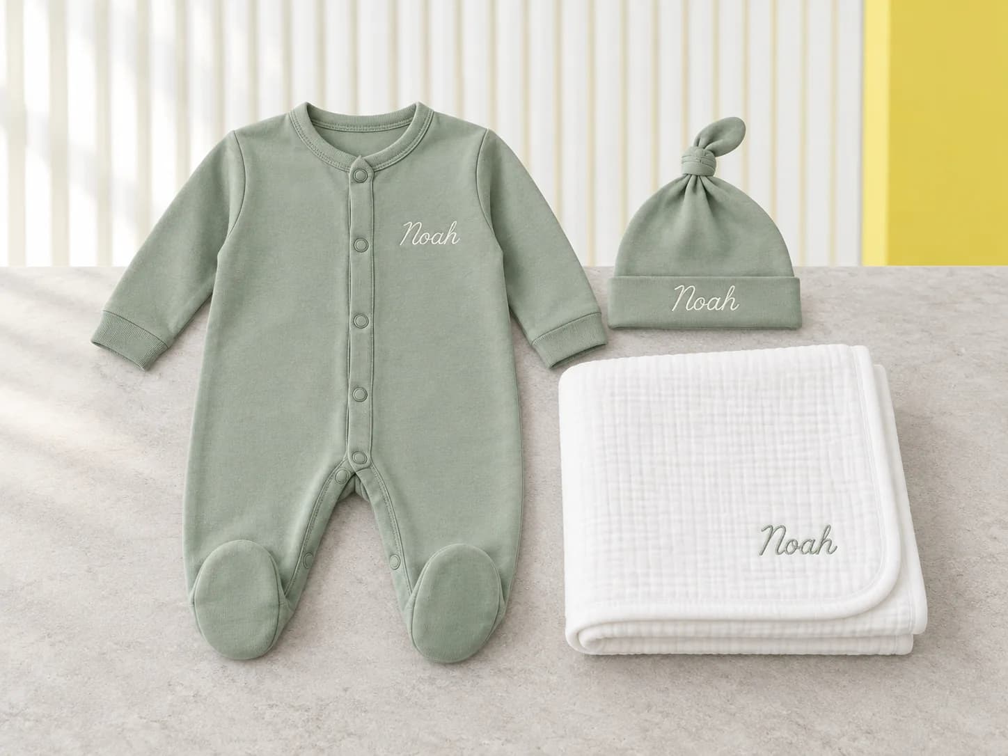 Sage sleepsuit and hat with a white blanket, all embroidered Noah