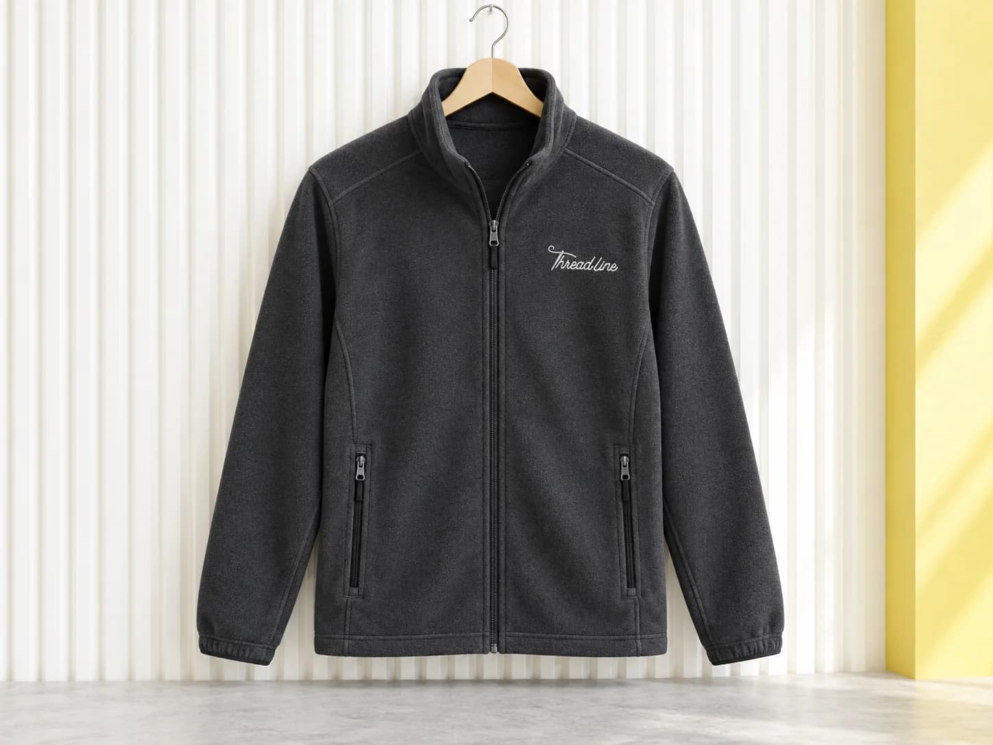 Charcoal full-zip fleece with white Threadline chest embroidery
