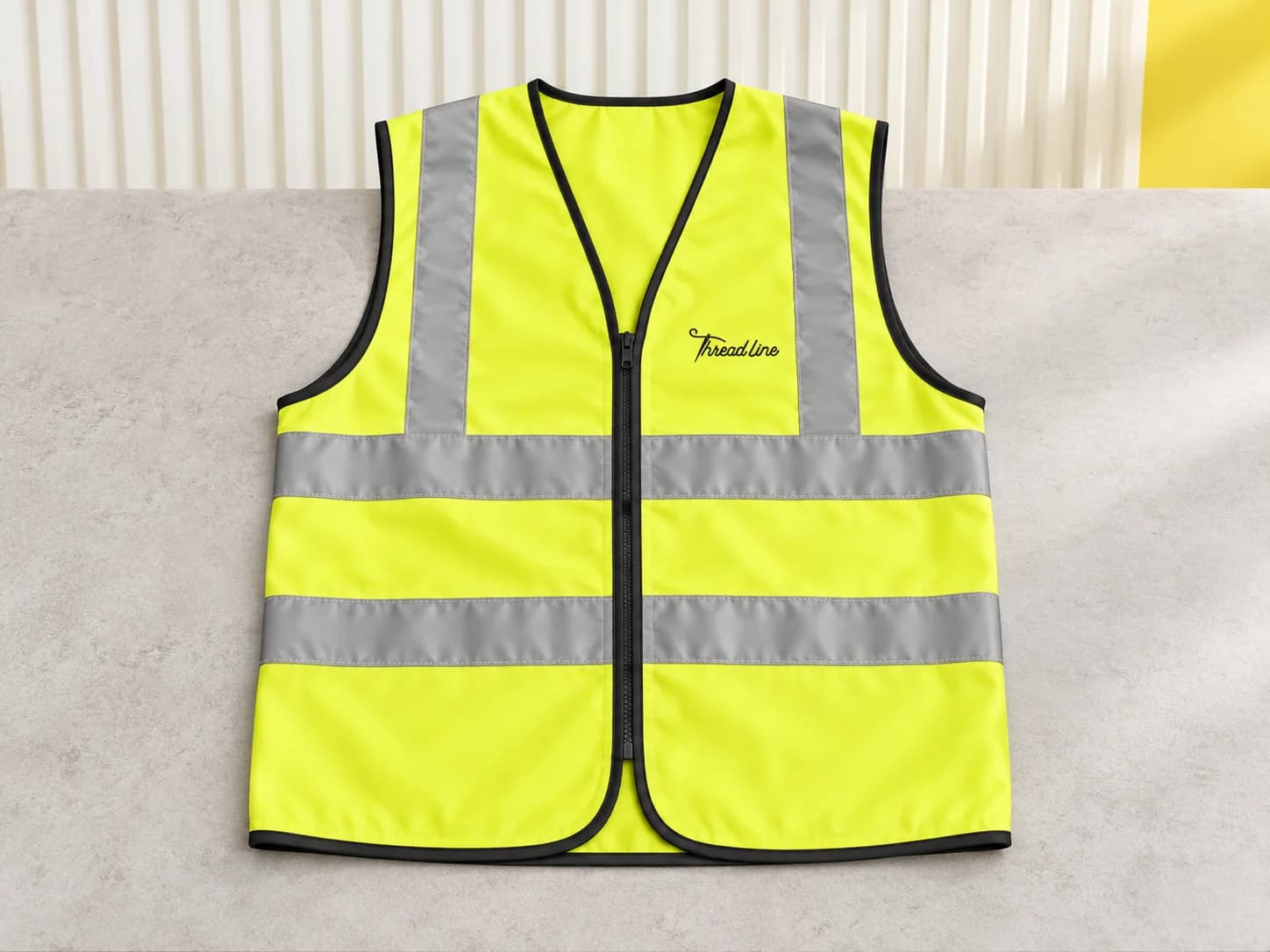 Yellow high-visibility vest with reflective bands and a small black embroidered logo
