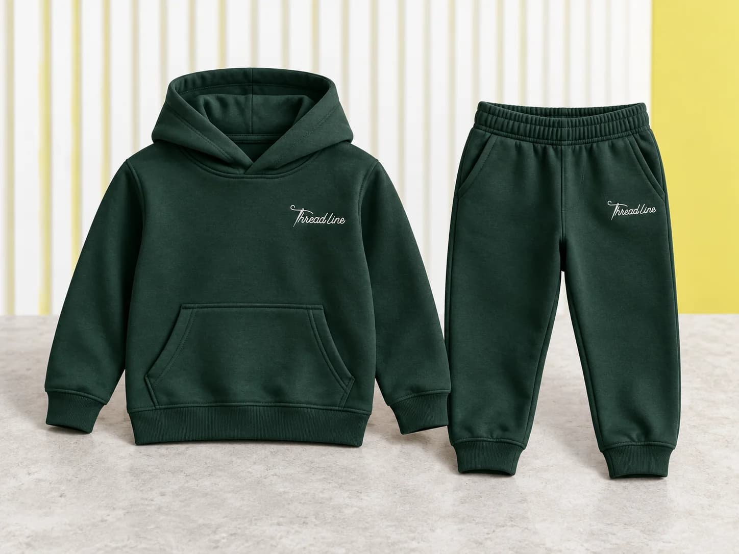 Matching forest-green hoodie and cuffed joggers with white Threadline embroidery