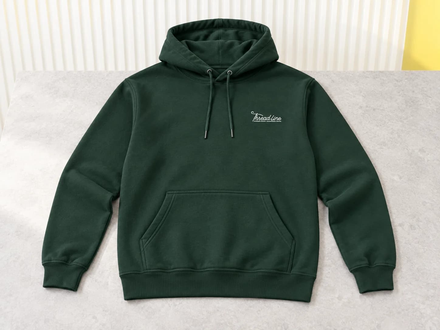 Forest-green hoodie with white Threadline chest embroidery