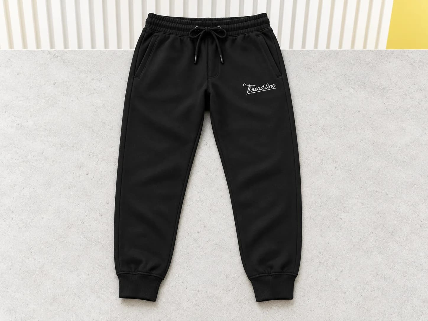 Black cuffed joggers with white Threadline thigh embroidery