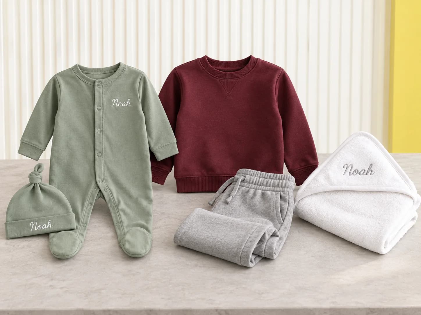 Sage sleepsuit and baby hat with a burgundy children's sweatshirt, joggers and hooded towel