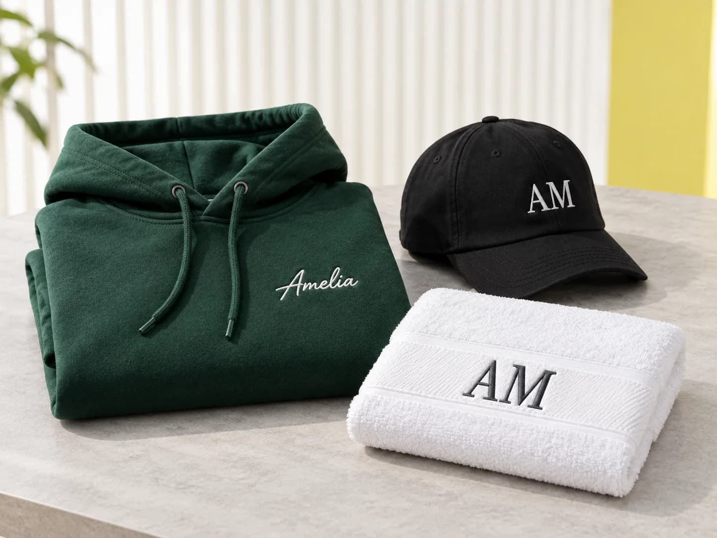 Hoodie, cap and towel personalised with the name Amelia and initials AM